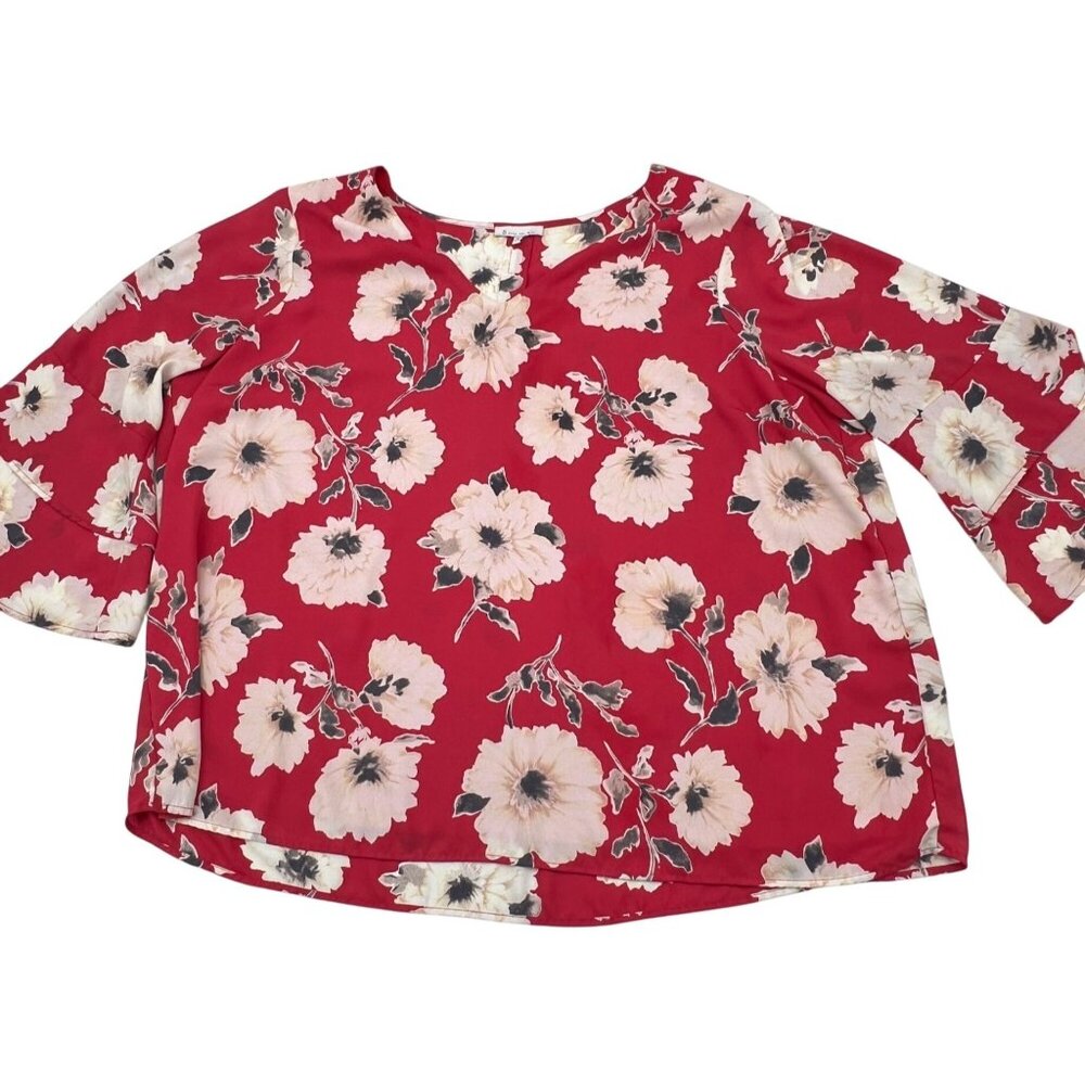 B Skies Are Blue Red Floral Blouse 3X 3/4 Sleeve Lightweight‎ Women's Career Top